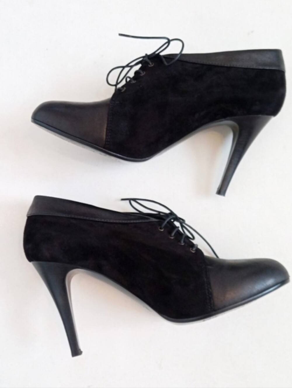 J. Crew black leather and suede heeled lace up ankle booties